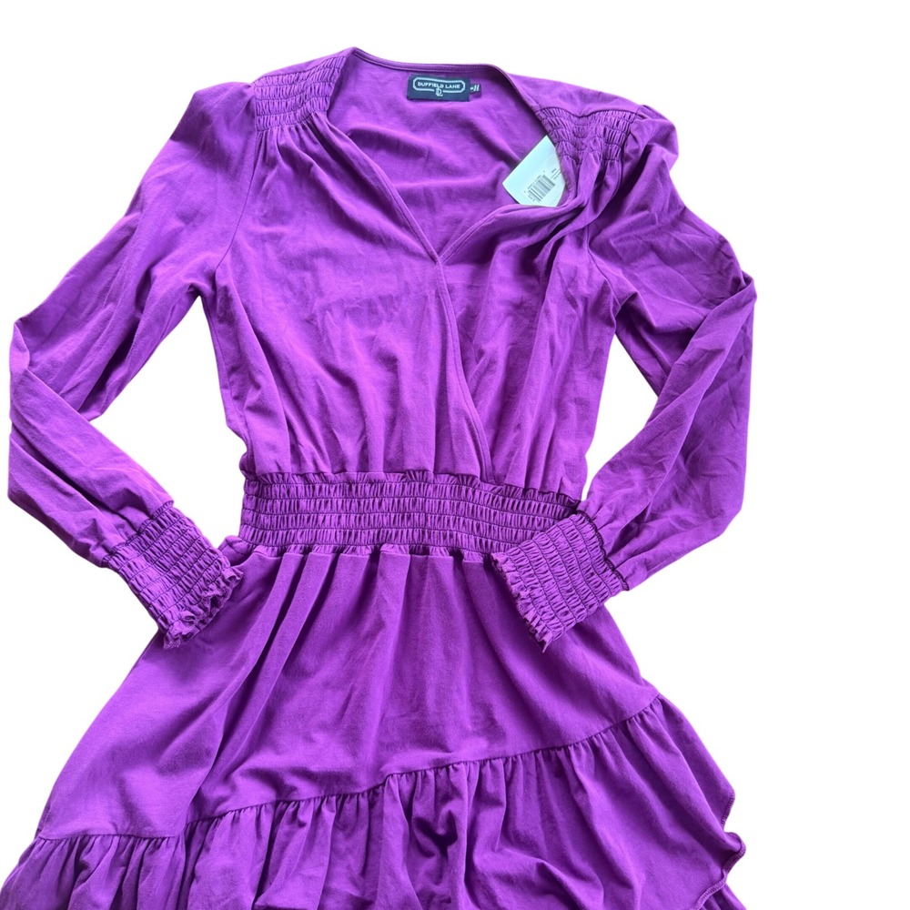 Duffield Lane Plum Dress Womens S Purple Long Sleeve Smocked V-Neck Ruffle Mini - Picture 4 of 6